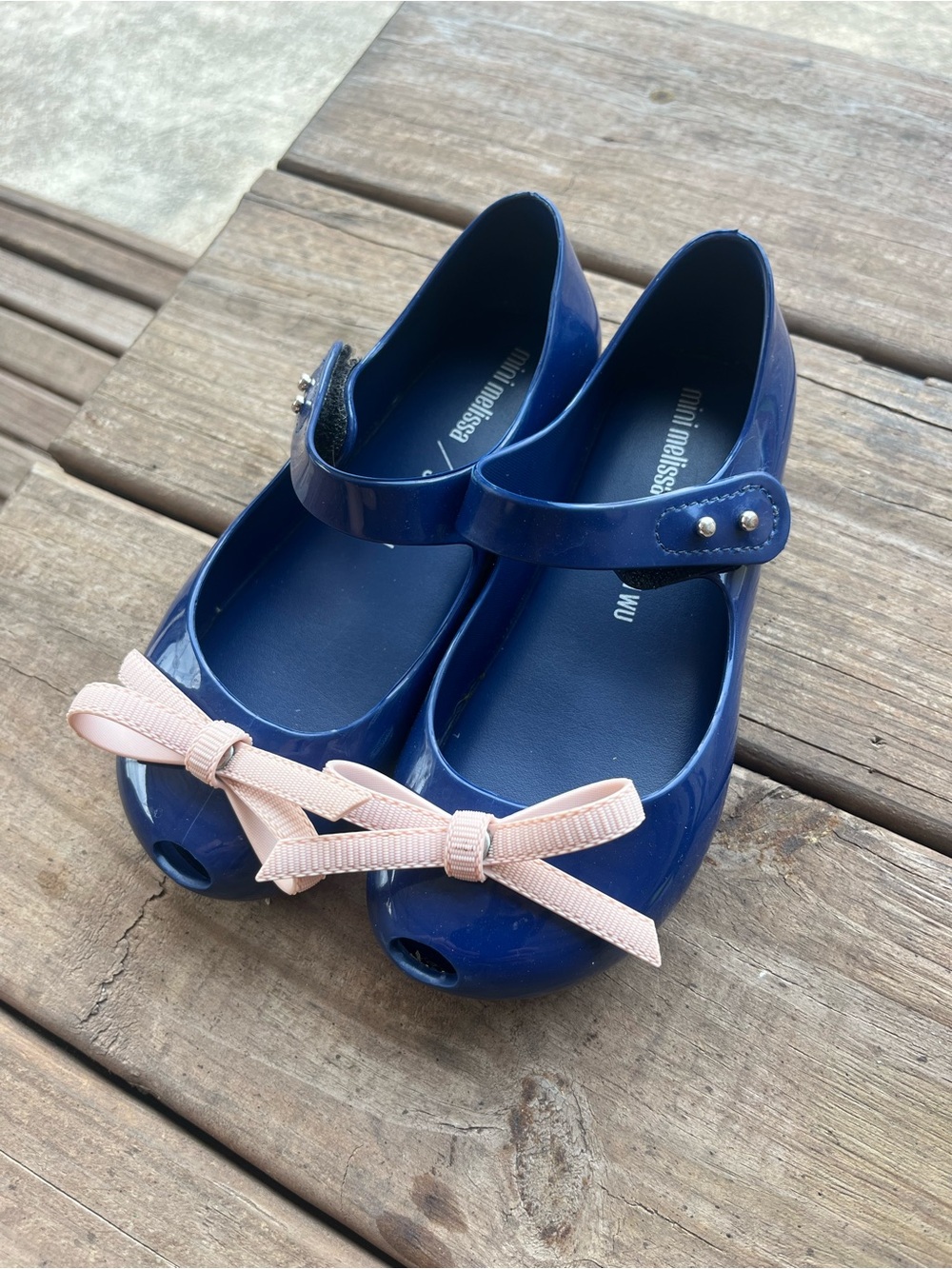 Mini Melissa Navy Jelly Mary Janes with Pale Pink Bows